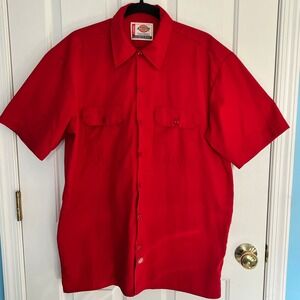 Dickies Yamaha Work Shirt Mens L Red Short Sleeve Embroidered Logo Button Up
